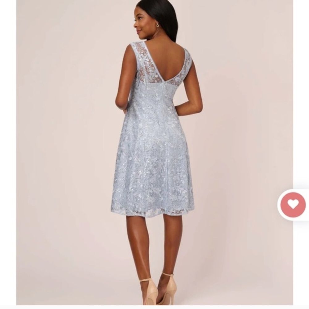 NWT Adrianna Papell Embroidered Lace Midi Cocktail Dress Skyway Blue - 6 - Picture 2 of 13